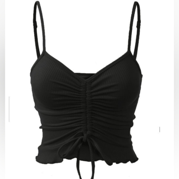 Pac Sun Crop Top Woman‎ L Tunnel Drawstring Front Tie Ribbed Strap Ruffle Hemmed - Picture 3 of 6